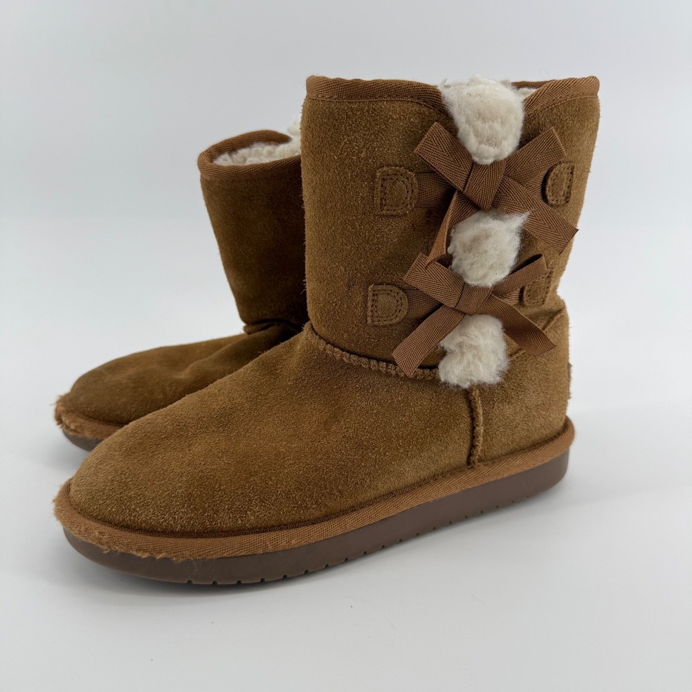 Koolaburra by‎ UGG Victoria Short Boots Kids Size 2 Brown Suede Bow Detail